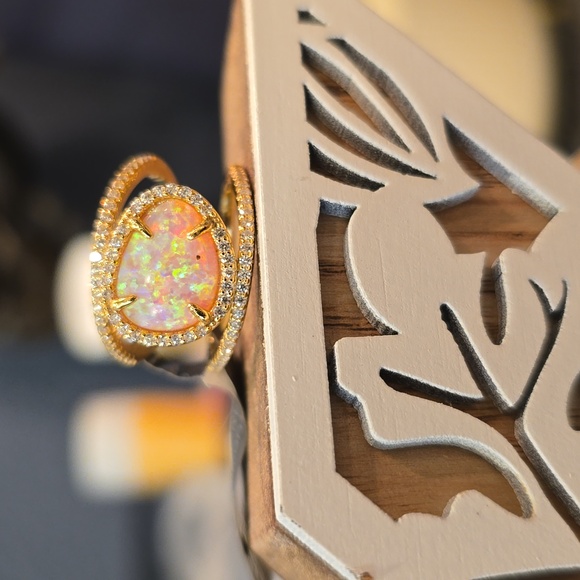 NWT 14K Gold Plated Sterling Silver Created Opal Oval Gemstone Ring, $90, size 7 - Picture 7 of 10